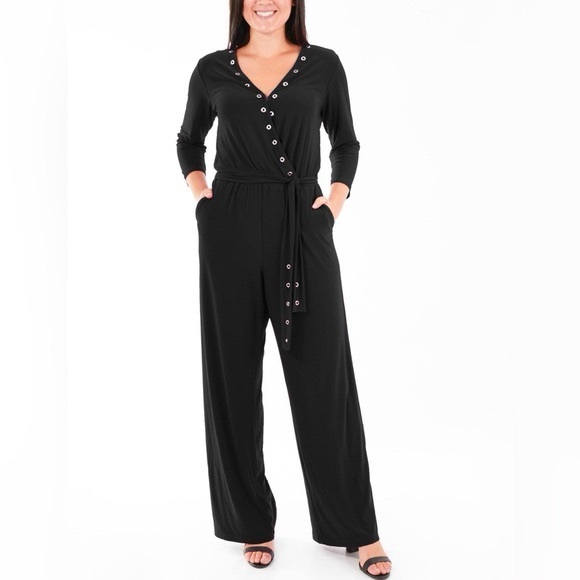 new directions Pants - NWT New Directions Solid Grommet Trim Tie Waist V-Neck Jumpsuit New size S